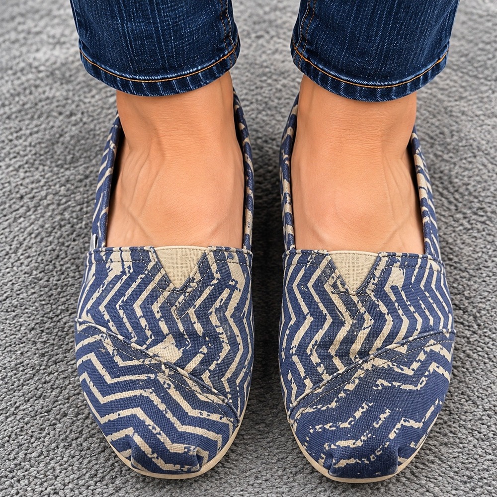 TOMS Alpargata Slip On Shoes Womens 12 Blue Tan Chevron Canvas Flats